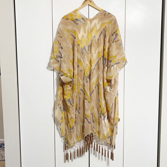 Free People Dripping Burnout Velvet Kimono / Fringe Yellow Tan Blue - Picture 4 of 5